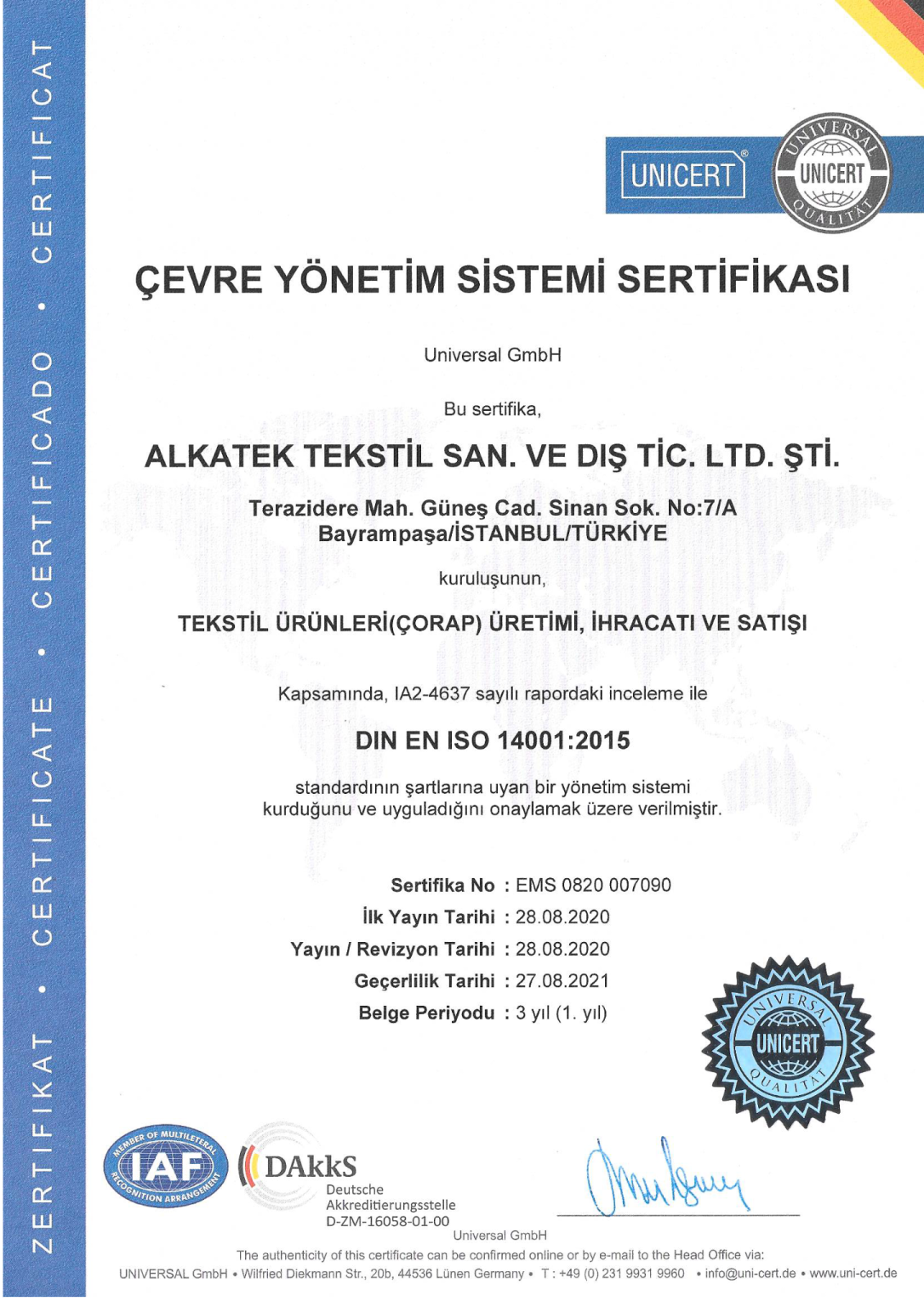 Alkatek Socks - Environmental Management System Certificate