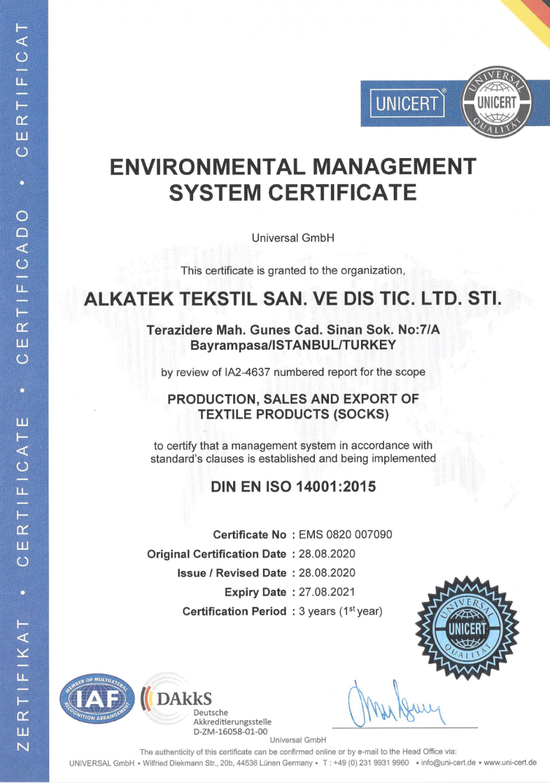Alkatek Socks - Environmental Management System Certificate