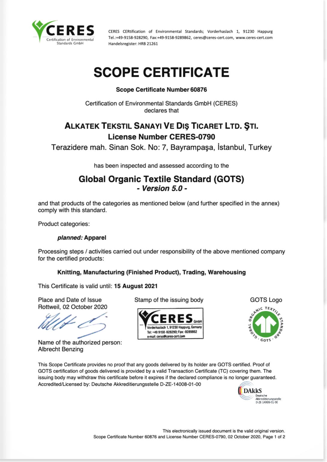 Alkatek Socks - GOTS Certificate