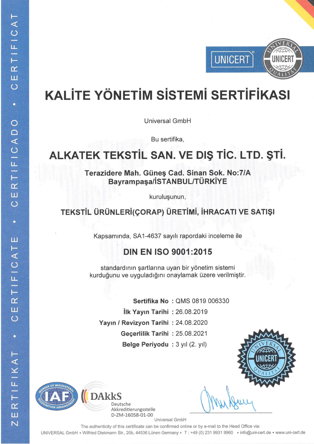 Alkatek Socks - Quality Management System Certificate