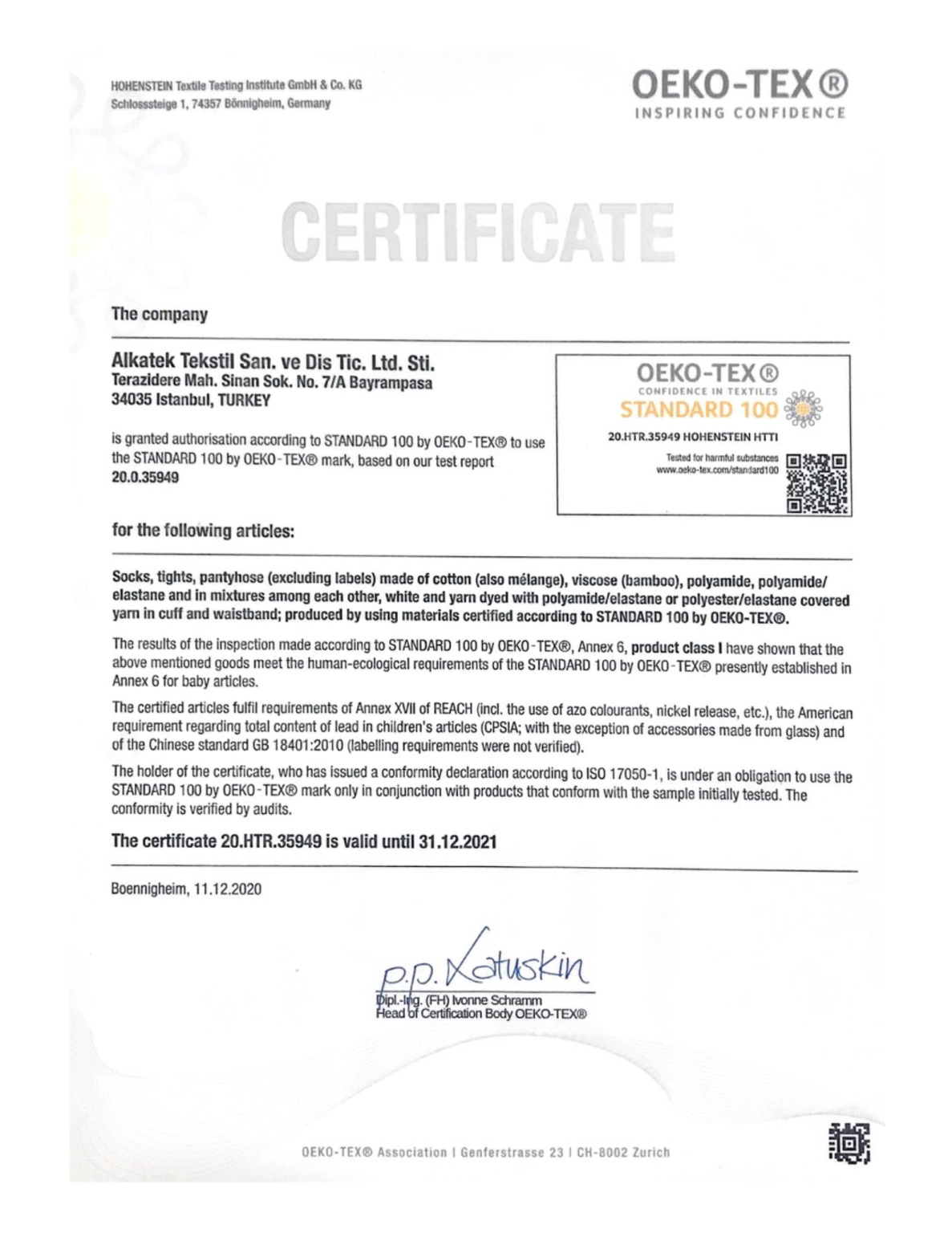 Alkatek Socks - OEKO-TEX Certificate