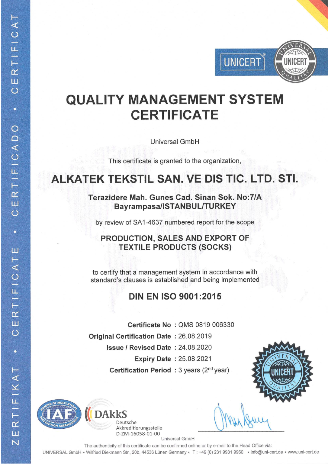Alkatek Socks - Quality Management System Certificate